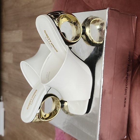 Gold Sculptured & White Patent Mules - Picture 2 of 10